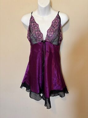 Plum Satin & Lace Chemise with Sheer Floral Cups